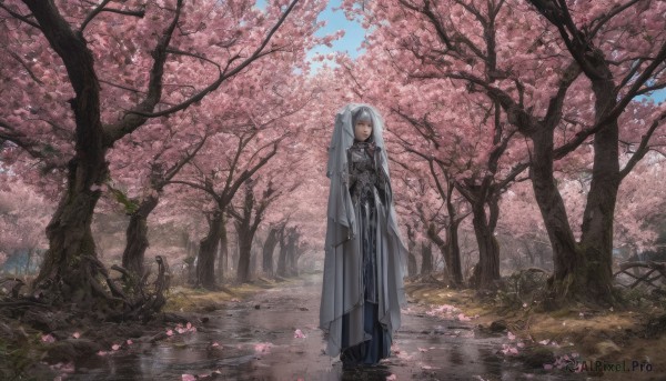 1girl, solo, long hair, looking at viewer, skirt, standing, flower, white hair, boots, outdoors, japanese clothes, sky, day, tree, grey eyes, cherry blossoms, veil, scenery, hakama skirt