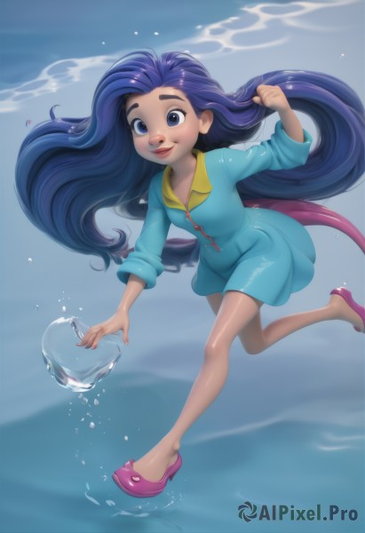 1girl,solo,long hair,smile,blue eyes,dress,very long hair,blue hair,full body,purple hair,shoes,dark skin,water,dark-skinned female,lips,blue dress,zipper,personification,bubble,underwater,air bubble,slippers,swimming,fins,pink footwear