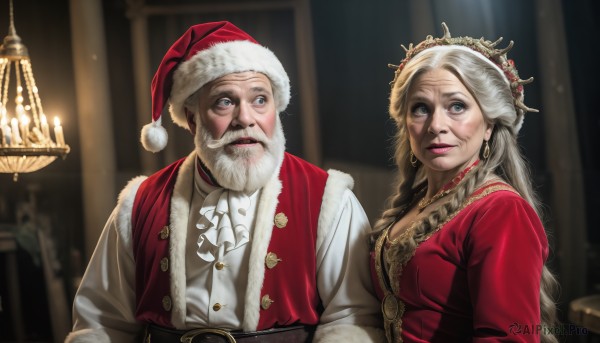 HQ,1girl,long hair,breasts,smile,blue eyes,blonde hair,1boy,hat,dress,cleavage,jewelry,upper body,white hair,grey hair,earrings,belt,indoors,blurry,looking at another,lips,fur trim,ascot,blurry background,facial hair,red dress,christmas,red headwear,beard,santa hat,santa costume,realistic,mustache,candle,manly,old,old man,chandelier,looking at viewer,shirt,long sleeves,closed mouth,white shirt,necklace,vest,grey eyes,crown,looking up,red lips,fur-trimmed headwear,wrinkled skin