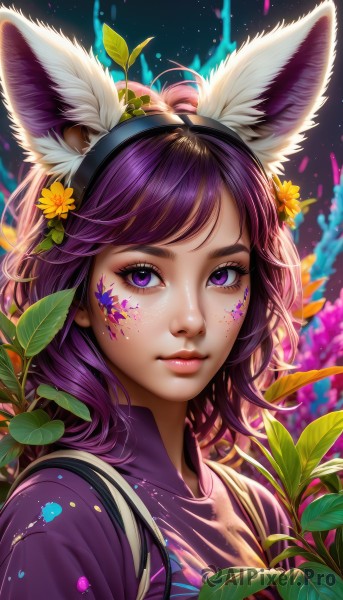 1girl,solo,long hair,looking at viewer,bangs,shirt,hair ornament,animal ears,closed mouth,purple eyes,upper body,purple hair,flower,hairband,parted lips,shiny,artist name,hair flower,lips,animal ear fluff,fox ears,eyelashes,makeup,fake animal ears,leaf,watermark,facial mark,black hairband,plant,lipstick,portrait,web address,freckles,pink lips,yellow flower,nose,purple shirt,mascara,paint splatter