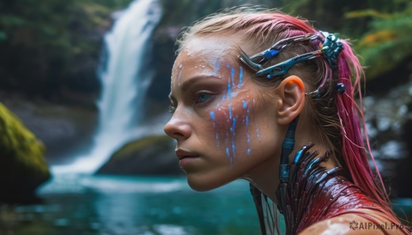 1girl, solo, long hair, blue eyes, pink hair, water, blurry, from side, lips, profile, science fiction, realistic, nose, android, cable, waterfall