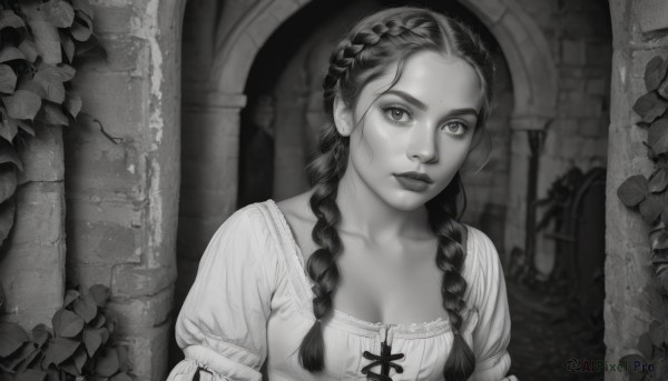 1girl,solo,long hair,breasts,looking at viewer,dress,cleavage,medium breasts,closed mouth,collarbone,monochrome,upper body,braid,short sleeves,greyscale,small breasts,puffy sleeves,blurry,twin braids,puffy short sleeves,lips,eyelashes,leaf,plant,hair over shoulder,freckles,realistic,nose,pillar,arch,column,multiple braids,vines