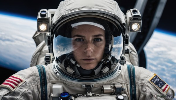 1girl,solo,looking at viewer,blue eyes,black hair,closed mouth,upper body,dark skin,helmet,portrait,freckles,reflection,science fiction,realistic,space,straight-on,planet,earth (planet),american flag,spacesuit,space helmet,astronaut,1boy,male focus,blurry,lips,expressionless,japanese flag,american flag print