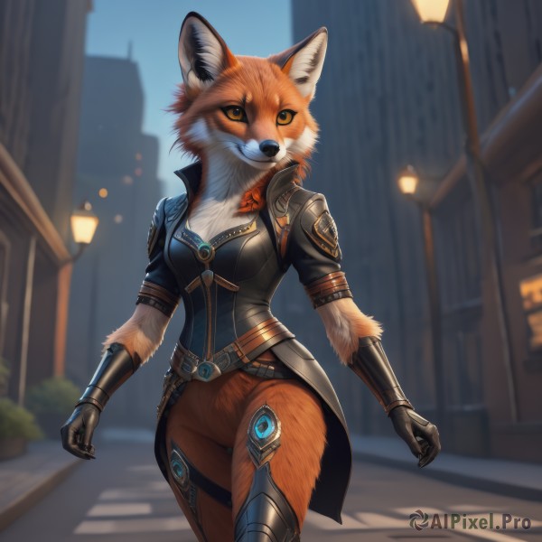 1girl,solo,breasts,smile,short hair,gloves,animal ears,cleavage,medium breasts,closed mouth,standing,jacket,tail,cowboy shot,outdoors,day,belt,pants,artist name,signature,armor,blurry,orange eyes,animal ear fluff,looking to the side,fox ears,tattoo,night,depth of field,blurry background,fox tail,watermark,fox girl,building,claws,furry,zipper,walking,brown jacket,city,furry female,vambraces,road,body fur,leather,white fur,lamppost,animal nose,street,snout,brown fur,two-tone fur,town,orange fur,multicolored fur,looking at viewer,sky,blue sky,no humans,leather jacket