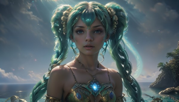 1girl,solo,long hair,breasts,looking at viewer,bangs,blue eyes,hair ornament,cleavage,hair between eyes,bare shoulders,twintails,jewelry,medium breasts,very long hair,collarbone,upper body,braid,earrings,outdoors,parted lips,green hair,sky,teeth,day,artist name,cloud,water,necklace,twin braids,aqua eyes,tree,lips,dutch angle,eyelashes,aqua hair,glowing,ocean,beach,sunlight,cloudy sky,gem,armlet,pendant,backlighting,rock,realistic,nose,palm tree,mole,bird,plant,freckles,light rays