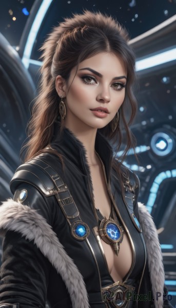 1girl,solo,long hair,breasts,looking at viewer,brown hair,cleavage,brown eyes,jewelry,medium breasts,jacket,upper body,ponytail,earrings,parted lips,open clothes,signature,necklace,blurry,lips,coat,fur trim,eyelashes,makeup,blurry background,science fiction,realistic,nose,bodysuit,forehead,pendant,eyeshadow,center opening