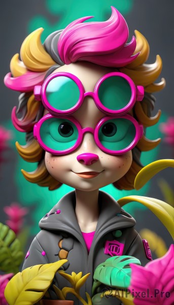 1girl,solo,looking at viewer,smile,short hair,open mouth,blonde hair,brown hair,shirt,1boy,green eyes,jacket,upper body,pink hair,flower,multicolored hair,glasses,artist name,blurry,two-tone hair,black jacket,leaf,plant,goggles,furry,pink flower,freckles,potted plant,tinted eyewear,flower pot,blue eyes,eyewear on head,zipper,furry female