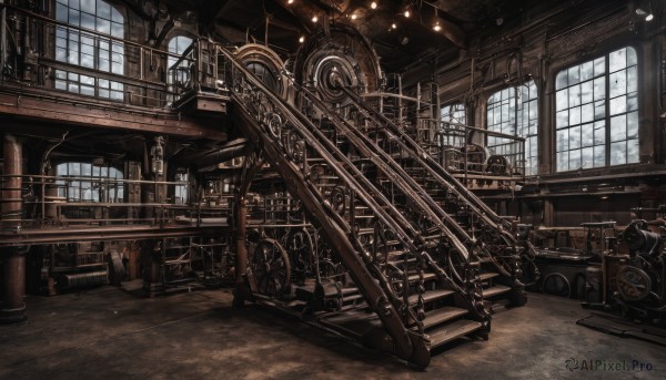 day,cloud,indoors,no humans,window,sunlight,ground vehicle,scenery,stairs,railing,bridge,vehicle focus,gears,ceiling,chandelier,steampunk,chair,table,wooden floor,fantasy,lamp,wheel,wheelchair