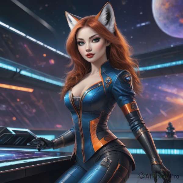 1girl,solo,long hair,breasts,looking at viewer,smile,blue eyes,large breasts,brown hair,gloves,animal ears,cleavage,medium breasts,sitting,black gloves,artist name,cat ears,orange hair,blurry,lips,fox ears,bodysuit,makeup,blurry background,lipstick,freckles,red lips,blush,red hair,sky,night,wavy hair,fox girl,zipper,curly hair,realistic,lights