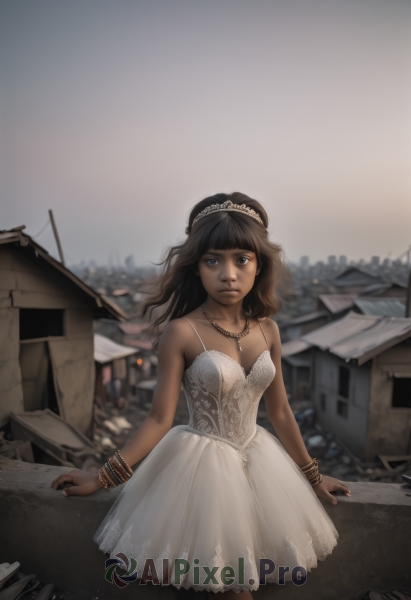 1girl,solo,long hair,breasts,looking at viewer,bangs,blue eyes,brown hair,black hair,dress,bare shoulders,jewelry,standing,small breasts,outdoors,sky,sleeveless,artist name,signature,dark skin,necklace,white dress,blurry,bracelet,dark-skinned female,lips,blurry background,watermark,ring,tiara,building,web address,realistic,house,earrings,nail polish,bangle