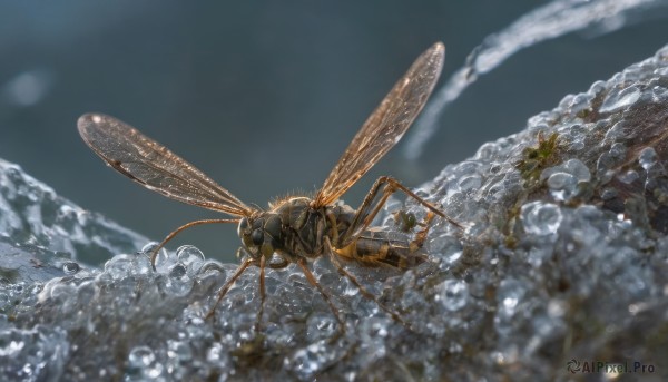 outdoors, wings, sky, day, cloud, blurry, no humans, depth of field, animal, bug, scenery, flying, mountain