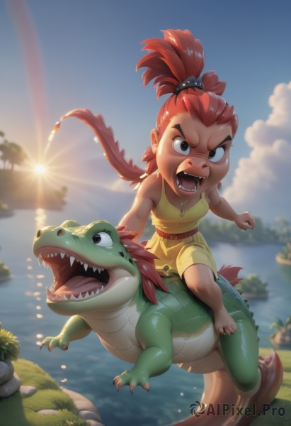 1girl,long hair,looking at viewer,open mouth,hair ornament,brown eyes,jewelry,tail,full body,ponytail,red hair,outdoors,sky,shorts,barefoot,teeth,day,belt,artist name,cloud,dark skin,water,necklace,blurry,black eyes,tree,blue sky,v-shaped eyebrows,fangs,grass,sharp teeth,clenched hand,child,claws,rock,sun,female child,riding,topknot,turtle,dinosaur,lizard tail,solo,dress,bare shoulders,sleeveless,blurry background,watermark,scrunchie,thick eyebrows,aged down,angry,running,dragon,yellow dress,sunrise