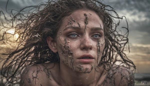 1girl,solo,long hair,looking at viewer,blue eyes,brown hair,black hair,collarbone,outdoors,parted lips,sky,cloud,blurry,lips,floating hair,cloudy sky,messy hair,portrait,freckles,realistic,nose,dirty,nude,grey eyes,blurry background,wind,close-up,dirty face