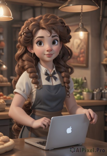 1girl,solo,long hair,looking at viewer,smile,bangs,brown hair,shirt,brown eyes,jewelry,white shirt,short sleeves,earrings,parted lips,food,collared shirt,artist name,indoors,blurry,apron,depth of field,blurry background,drill hair,thick eyebrows,freckles,curly hair,basket,computer,bread,laptop,brown apron,blush,bow,ribbon,very long hair,standing,upper body,braid,puffy sleeves,puffy short sleeves,lips,black bow,fruit,watermark,table,plant,web address,nose,shelf,light bulb,deviantart username