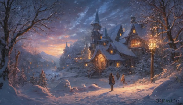 1girl,long hair,multiple girls,brown hair,1boy,2girls,standing,boots,outdoors,multiple boys,sky,cloud,bag,scarf,tree,coat,cloudy sky,building,scenery,snow,walking,sunset,lantern,snowing,mountain,fantasy,winter clothes,facing away,road,house,winter,lamppost,bare tree,town,footprints,pine tree,short hair,blonde hair,black hair,long sleeves,pants,3girls,from behind,night,holding hands,backpack,star (sky),rock,stairs,fence,dark,wide shot,tower