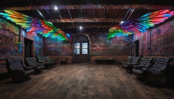 wings,indoors,no humans,window,chair,table,scenery,wooden floor,bookshelf,television,monitor,painting (object),speaker,piano,carpet,night,bird,letterboxed,door,light,bench,rainbow,shop,stained glass,lights