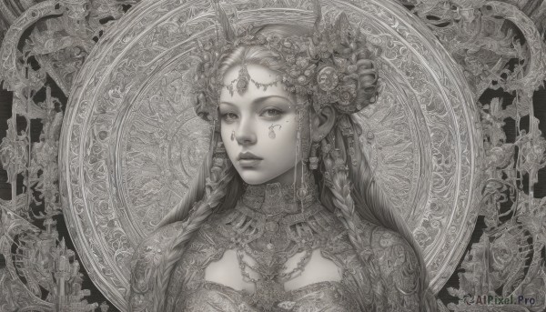 1girl,solo,long hair,looking at viewer,hair ornament,jewelry,closed mouth,monochrome,upper body,braid,flower,greyscale,earrings,hair flower,necklace,twin braids,lips,clothing cutout,eyelashes,facial mark,expressionless,portrait,circlet,multiple braids,breasts,dress,parted lips,veil,forehead mark,realistic,headdress