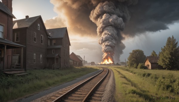 outdoors,sky,day,cloud,tree,no humans,window,grass,fire,ground vehicle,building,nature,scenery,smoke,road,bush,explosion,house,burning,railroad tracks,blue sky,cloudy sky