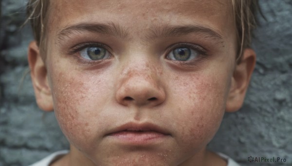 solo,looking at viewer,short hair,blonde hair,brown hair,shirt,1boy,brown eyes,closed mouth,white shirt,male focus,blurry,lips,grey eyes,blurry background,expressionless,portrait,close-up,realistic,nose,freckles,dirty