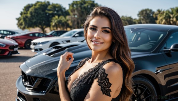 1girl,solo,long hair,breasts,looking at viewer,smile,brown hair,dress,cleavage,brown eyes,medium breasts,upper body,outdoors,teeth,sleeveless,day,mole,grin,blurry,black dress,tree,lips,blurry background,ground vehicle,lace,motor vehicle,realistic,nose,car,vehicle focus,sports car,large breasts,jewelry,earrings,tattoo,ring,lace trim