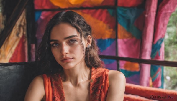 1girl,solo,long hair,looking at viewer,brown hair,black hair,dress,bare shoulders,brown eyes,jewelry,closed mouth,collarbone,upper body,braid,earrings,sleeveless,indoors,blurry,lips,window,blurry background,red dress,realistic,nose,blue eyes,heterochromia,thick eyebrows,portrait,forehead