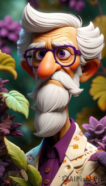 solo,looking at viewer,shirt,1boy,purple eyes,jacket,upper body,flower,white hair,male focus,food,glasses,collared shirt,artist name,signature,blurry,buttons,blurry background,facial hair,leaf,thick eyebrows,beard,bespectacled,mustache,purple flower,purple shirt,old,old man,purple-framed eyewear,closed mouth,outdoors,necktie,depth of field,watermark,formal,white jacket,suit,wing collar,portrait,web address,purple jacket