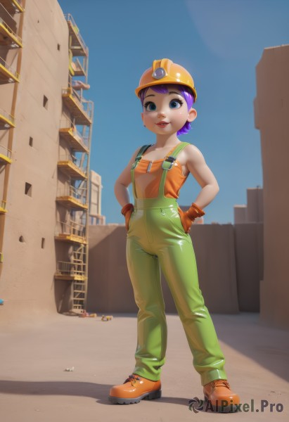 1girl,solo,looking at viewer,smile,short hair,blue eyes,gloves,bare shoulders,standing,full body,purple hair,outdoors,parted lips,sky,shoes,day,flat chest,blue sky,lips,shadow,suspenders,helmet,building,child,hands on hips,female child,overalls,boots,fingerless gloves,cosplay