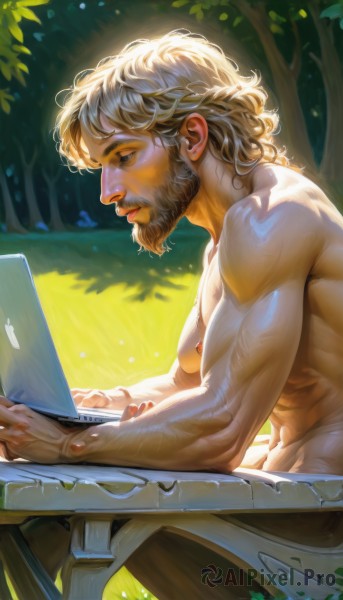 solo,1boy,navel,sitting,closed mouth,white hair,male focus,outdoors,day,pants,artist name,signature,medium hair,from side,tree,profile,muscular,facial hair,watermark,abs,table,grass,pectorals,muscular male,nature,beard,forest,topless male,mature male,realistic,nose,mustache,computer,manly,old,old man,laptop,short hair,nipples,nude,lips,leaf,sunlight,bara,curly hair,dappled sunlight