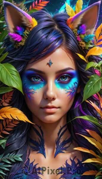 1girl,solo,long hair,looking at viewer,bangs,blue eyes,black hair,hair ornament,animal ears,closed mouth,green eyes,blue hair,collarbone,upper body,purple hair,flower,artist name,cat ears,signature,hair flower,lips,eyelashes,makeup,glowing,leaf,watermark,facial mark,plant,lipstick,portrait,web address,close-up,eyeshadow,pink lips,nose,eyeliner,facepaint,colorful,mascara,cleavage,multicolored hair