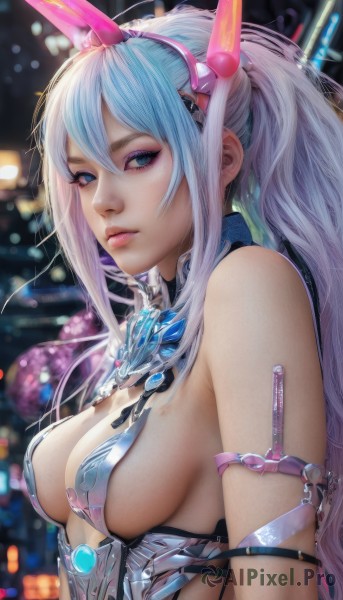 1girl,solo,long hair,breasts,looking at viewer,bangs,blue eyes,large breasts,animal ears,cleavage,hair between eyes,bare shoulders,jewelry,medium breasts,blue hair,upper body,ponytail,white hair,sidelocks,multicolored hair,hairband,horns,blurry,from side,lips,eyelashes,sideboob,makeup,depth of field,blurry background,revealing clothes,armlet,realistic,nose,closed mouth,looking to the side,fake animal ears,headgear,eyeshadow,science fiction,arm strap