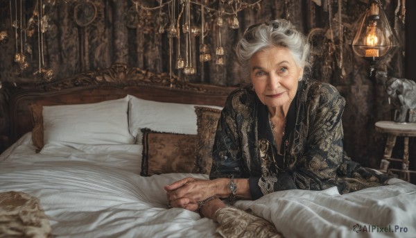 1girl,looking at viewer,smile,short hair,blue eyes,long sleeves,1boy,jewelry,closed mouth,white hair,grey hair,male focus,earrings,lying,solo focus,indoors,necklace,bracelet,lips,pillow,grey eyes,bed,makeup,bed sheet,holding hands,facial hair,pov,on bed,scar,ring,lipstick,out of frame,skull,watch,realistic,blanket,red lips,wristwatch,lamp,candle,pov hands,old,old man,cane,old woman,wrinkled skin,solo,chain,on side,table