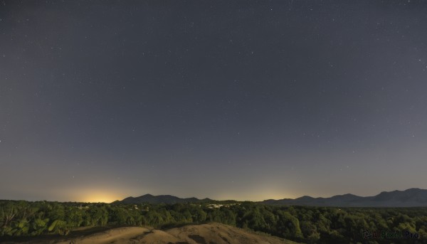 outdoors,sky,tree,no humans,night,grass,star (sky),nature,night sky,scenery,forest,starry sky,sunset,mountain,road,landscape,mountainous horizon,hill,star (symbol),rock,horizon