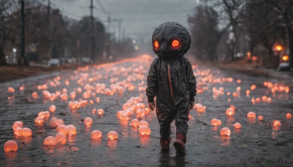 solo, looking at viewer, red eyes, 1boy, jacket, male focus, outdoors, blurry, tree, black jacket, depth of field, blurry background, glowing, glowing eyes, walking, rain, power lines, gas mask