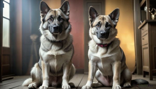 HQ,looking at viewer,brown eyes,closed mouth,full body,indoors,collar,no humans,window,animal,cat,dog,realistic,door,animal focus,sitting,signature,chair,wooden floor,red collar,animal collar