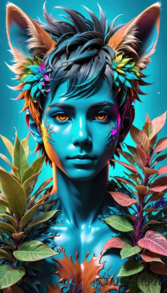 solo,looking at viewer,short hair,simple background,black hair,hair ornament,1boy,animal ears,closed mouth,yellow eyes,upper body,flower,male focus,cat ears,hair flower,orange eyes,fox ears,colored skin,leaf,blue background,facial mark,plant,portrait,extra ears,blue skin,1girl,bangs,brown hair,brown eyes,collarbone,artist name,lips,animal ear fluff,gradient,makeup,watermark,blue theme,realistic,nose,facepaint,bodypaint