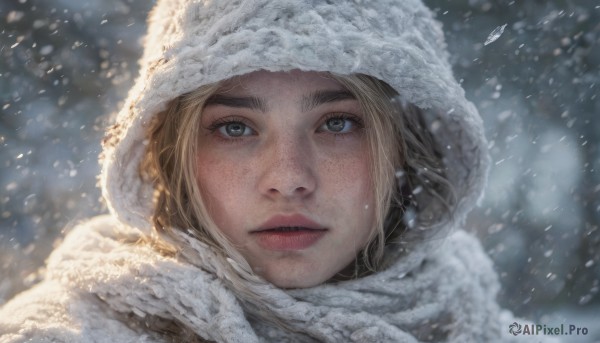 1girl,solo,looking at viewer,short hair,blue eyes,blonde hair,outdoors,parted lips,teeth,artist name,hood,scarf,blurry,lips,grey eyes,eyelashes,blurry background,looking up,portrait,snow,close-up,hood up,freckles,snowing,realistic,nose,winter,hat,green eyes,fur trim,thick eyebrows,white scarf,winter clothes