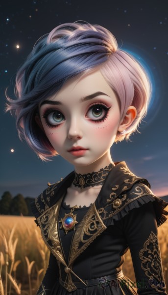 1girl,solo,looking at viewer,short hair,bangs,long sleeves,dress,jewelry,closed mouth,green eyes,blue hair,collarbone,upper body,multicolored hair,earrings,outdoors,sky,choker,artist name,signature,necklace,blurry,black dress,two-tone hair,lips,eyelashes,makeup,night,depth of field,watermark,black choker,brooch,gem,star (sky),web address,lens flare,eyeshadow,starry sky,freckles,nose,field,mascara,parted lips,lipstick,child,lace trim,lace,red lips,eyeliner