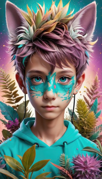 solo,looking at viewer,short hair,bangs,blue eyes,hair ornament,1boy,animal ears,closed mouth,upper body,pink hair,purple hair,flower,male focus,artist name,cat ears,hood,lips,animal ear fluff,gradient,eyelashes,hoodie,makeup,leaf,watermark,facial mark,hood down,plant,portrait,star (sky),light particles,extra ears,androgynous,realistic,nose,purple flower,drawstring,facepaint,earphones,blue hoodie,paint splatter,paint,paint splatter on face,jewelry,earrings,wolf ears,male child