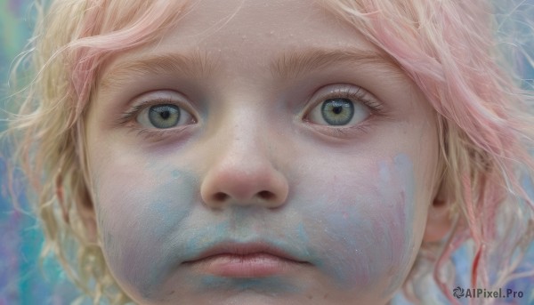 1girl,solo,looking at viewer,short hair,blue eyes,blonde hair,closed mouth,green eyes,pink hair,blurry,lips,eyelashes,portrait,close-up,freckles,realistic,nose,eye focus