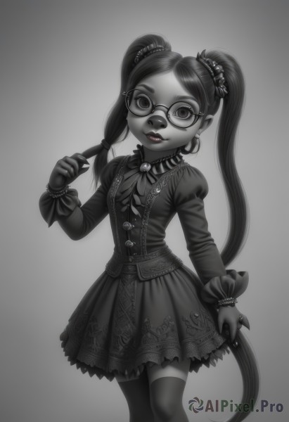 1girl,solo,long hair,looking at viewer,smile,skirt,simple background,hair ornament,thighhighs,long sleeves,dress,twintails,jewelry,very long hair,standing,monochrome,greyscale,earrings,frills,parted lips,glasses,puffy sleeves,artist name,grey background,necklace,flat chest,bracelet,lips,zettai ryouiki,makeup,watermark,scrunchie,ring,juliet sleeves,spot color,lolita fashion,hoop earrings,round eyewear,gothic lolita,gothic,breasts,bangs,shirt,gloves,ribbon,sidelocks,hand up,fingernails,parted bangs,bell,neck ribbon,puffy long sleeves,hair tie