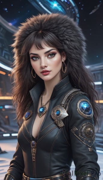 1girl,solo,long hair,breasts,looking at viewer,brown hair,black hair,long sleeves,cleavage,brown eyes,jewelry,medium breasts,jacket,upper body,earrings,parted lips,belt,necklace,blurry,lips,black jacket,looking to the side,grey eyes,fur trim,eyelashes,makeup,night,blurry background,lipstick,star (sky),buckle,pendant,zipper,starry sky,science fiction,hoop earrings,belt buckle,realistic,nose,red lips,eyeliner,space,leather,big hair,planet,leather jacket,bangs,closed mouth,outdoors,artist name,signature,hood,thick eyebrows,gem