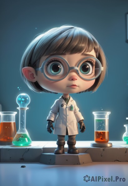 1girl,solo,looking at viewer,short hair,bangs,blue eyes,brown hair,shirt,gloves,long sleeves,closed mouth,green eyes,standing,full body,boots,glasses,pointy ears,black gloves,pants,artist name,indoors,blunt bangs,chibi,lips,coat,buttons,bob cut,black-framed eyewear,round eyewear,labcoat,white coat,brown pants,test tube,flask,vial,lalafell,realistic,potion