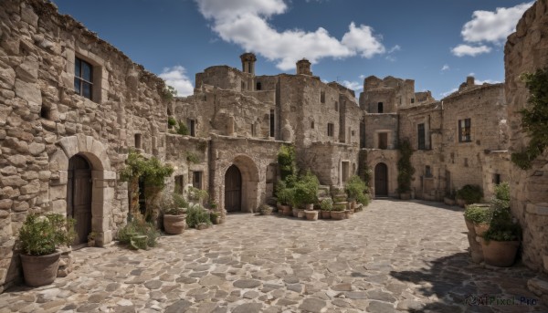 outdoors,sky,day,cloud,tree,blue sky,no humans,window,cloudy sky,plant,building,scenery,door,potted plant,road,wall,ruins,brick wall,arch,shadow,stairs,house,path,pavement,stone floor,chimney