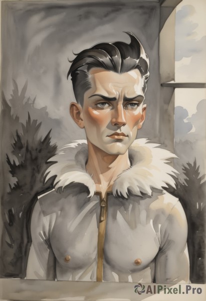 solo,looking at viewer,blush,short hair,black hair,1boy,closed mouth,nipples,jacket,upper body,male focus,indoors,lips,coat,grey eyes,fur trim,window,muscular,pectorals,zipper,white coat,fur-trimmed jacket,zipper pull tab,fur-trimmed coat,hair slicked back,fur collar,undercut