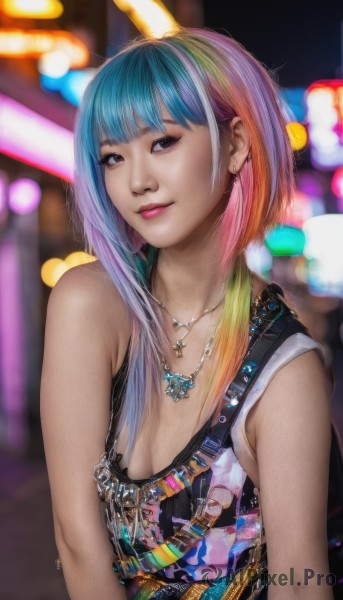 1girl,solo,long hair,breasts,looking at viewer,smile,bangs,cleavage,bare shoulders,brown eyes,jewelry,blue hair,upper body,pink hair,multicolored hair,earrings,small breasts,necklace,star (symbol),blurry,black eyes,two-tone hair,lips,gradient hair,makeup,blurry background,piercing,tank top,multicolored clothes,realistic,nose,overalls,rainbow hair,short hair,blonde hair,shirt,medium breasts,closed mouth,sleeveless,artist name,blunt bangs,streaked hair,looking to the side,bare arms,eyelashes,sleeveless shirt,depth of field,watermark,lipstick,ear piercing,eyeshadow,pink lips,print shirt,mascara,star necklace