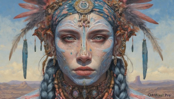 1girl,solo,long hair,looking at viewer,blue eyes,hair ornament,jewelry,closed mouth,blue hair,braid,earrings,outdoors,sky,day,artist name,cloud,necklace,twin braids,blue sky,lips,grey eyes,eyelashes,facial mark,expressionless,piercing,feathers,gem,ear piercing,portrait,freckles,mountain,realistic,nose,fantasy,headdress,feather hair ornament,gold,mountainous horizon,desert,tribal,multiple braids,facepaint,native american