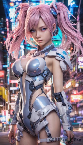 1girl,solo,long hair,breasts,looking at viewer,blue eyes,large breasts,hair ornament,navel,cleavage,twintails,medium breasts,standing,pink hair,pantyhose,cowboy shot,outdoors,nail polish,armor,blurry,leotard,lips,bodysuit,covered navel,blurry background,skin tight,science fiction,realistic,blue leotard,bangs,thighhighs,jewelry,closed mouth,earrings,shiny,artist name,signature,shiny skin,night,depth of field,swept bangs,garter straps,building,city,nose,shoulder pads,arm guards,cyberpunk