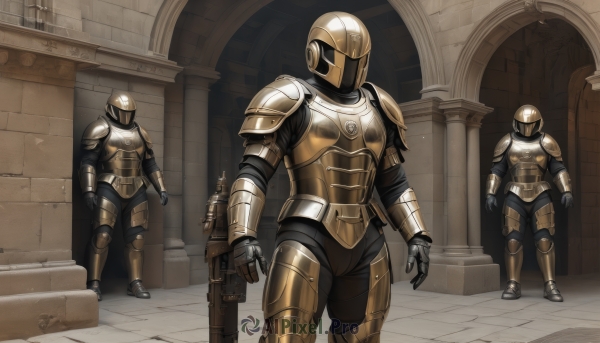 gloves,standing,weapon,male focus,multiple boys,sword,indoors,armor,gun,3boys,helmet,shoulder armor,gauntlets,1other,walking,pauldrons,breastplate,stairs,armored boots,greaves,multiple others,pillar,knight,full armor,ambiguous gender,2others,helm,column,gold armor,leg armor,plate armor,3others,solo,boots,signature,facing viewer,arms at sides,ruins,faulds,statue,arch