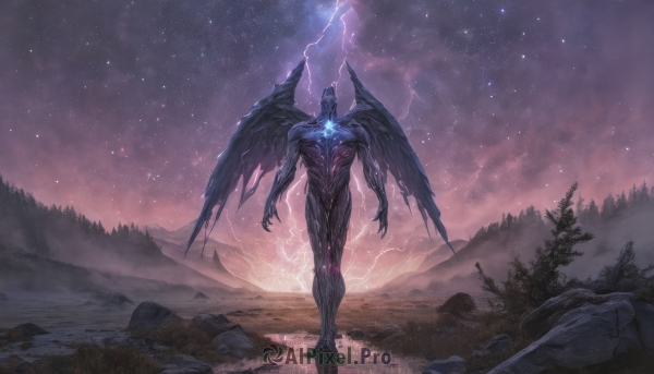 solo,1boy,standing,outdoors,wings,horns,sky,cloud,tree,no humans,night,glowing,star (sky),nature,night sky,scenery,glowing eyes,claws,forest,starry sky,black wings,monster,rock,mountain,fantasy,electricity,giant,lightning,demon,galaxy,walking,demon wings,alien