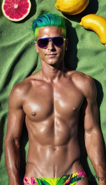 solo,looking at viewer,smile,1boy,navel,closed mouth,nipples,blue hair,male focus,cowboy shot,lying,food,green hair,shiny,dark skin,on back,stomach,lips,shiny skin,aqua hair,muscular,fruit,shadow,beach,abs,sunglasses,dark-skinned male,pectorals,tan,tanlines,toned,topless male,realistic,sand,arms at sides,toned male,watermelon,male swimwear,banana,swim briefs,short hair,muscular male